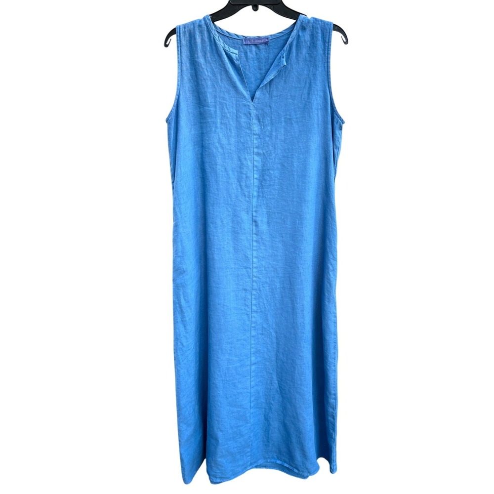 Cut Loose Linen Maxi Dress Sm Cornflower Blue Sleeveless‎ Lagenlook Coastal Boho